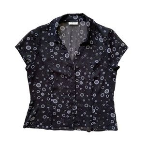 VTG Black White Circle Print Gauze Button Up Collared Shirt Blouse Medium